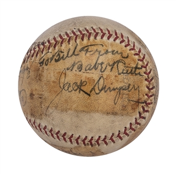 Legends & Hall Of Famers Multi Signed Baseball With 10 Signatures Including Babe Ruth, Jack Dempsey & Pee Wee Reese (JSA)